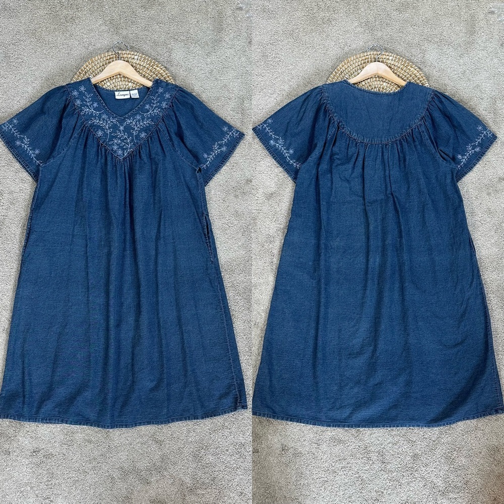 Loungees Women’s Denim Midi Dress Shortsleeve V-Neck Embroidered Cotton Blue L
